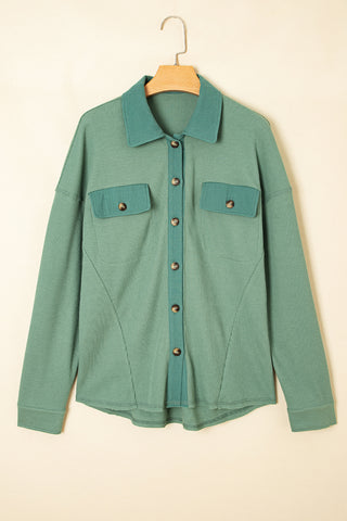 Grass Green Waffle Knit Vintage Patchwork Button Up Loose Shirt