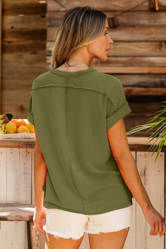 Jungle Green Textured Knit Exposed Stitching T-shirt
