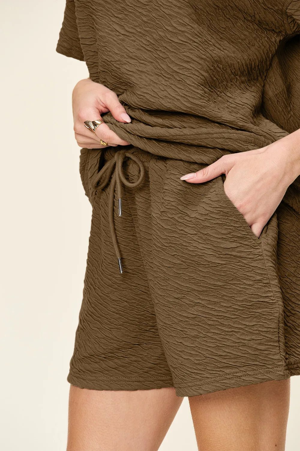 Double Take Full Size Texture Short Sleeve T-Shirt and Drawstring Shorts Set Carauana Store