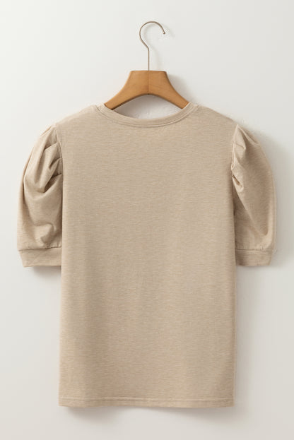 Parchment Solid Color Ruched Puff Sleeve T Shirt