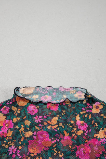 Rose Floral Print Mesh Stand Neck Short Sleeve Top
