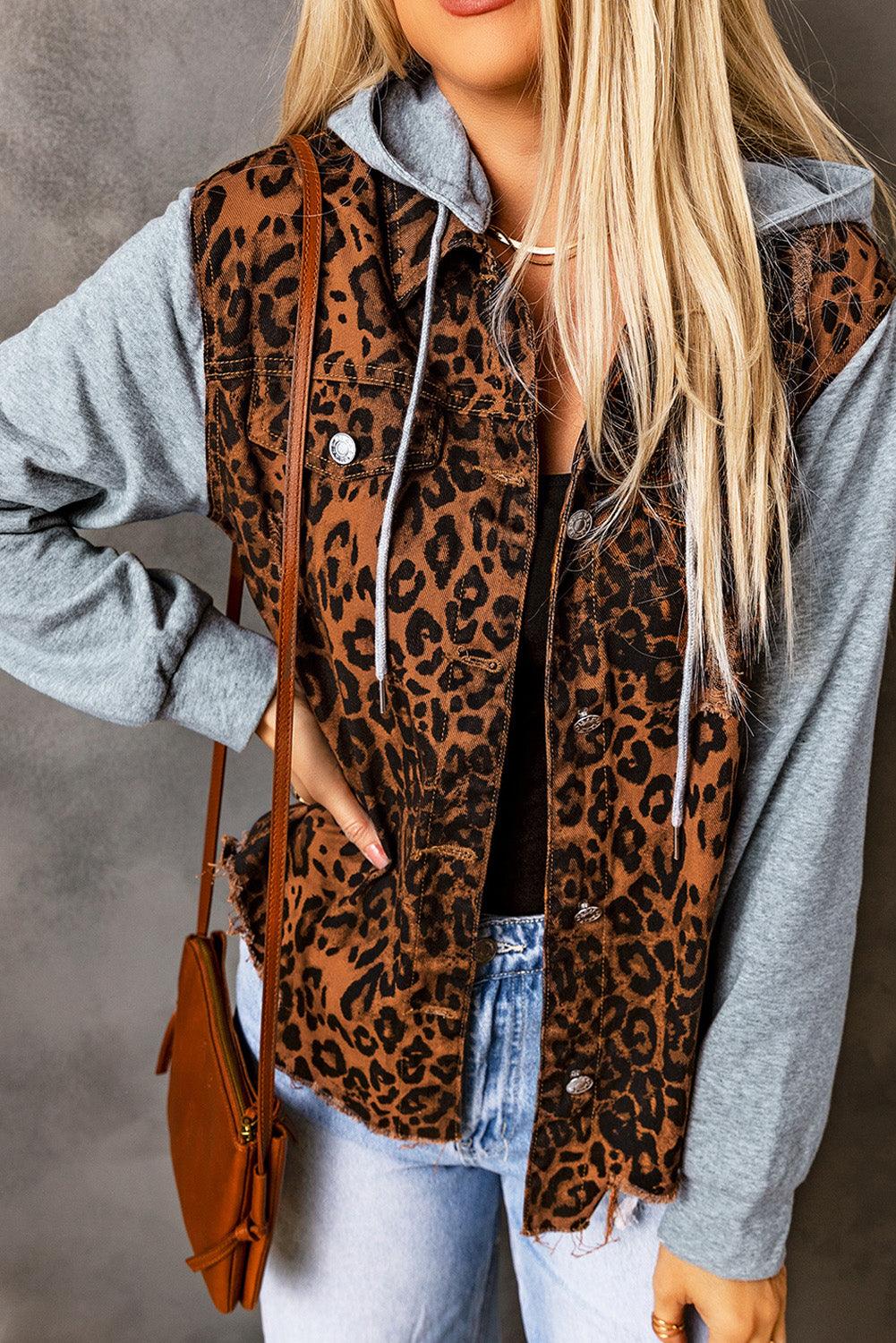 Leopard Distressed Drawstring Hooded Denim Jacket Carauana Store