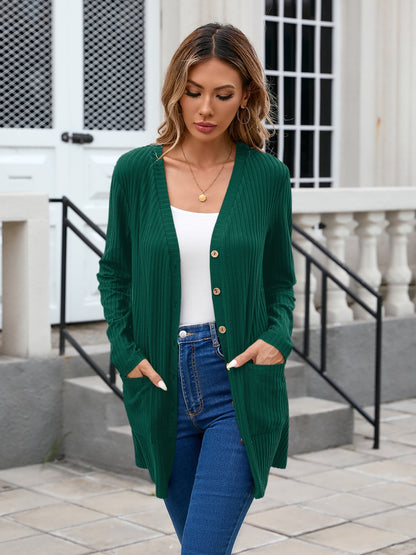 Ribbed Button Down V-Neck Long Sleeve Cardigan Carauana Store