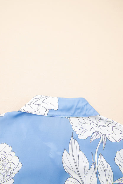 Sky Blue Floral Print Button Up Pleated Detail Puff Sleeve Shirt