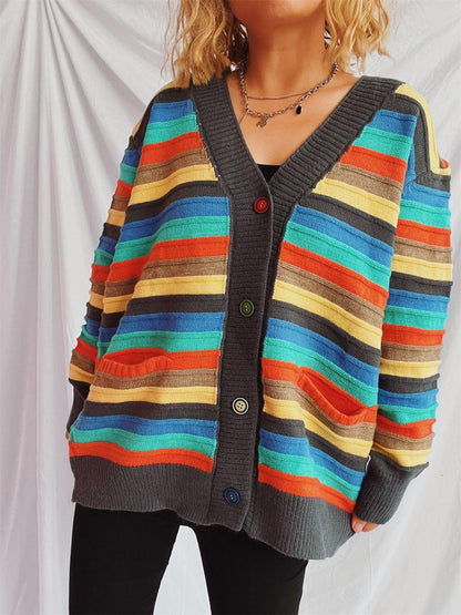 Contrast Stripes Button Up Long Sleeve Cardigan Carauana Store