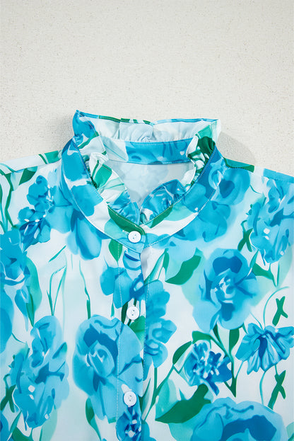 Green Floral Frilled Collar Three Quarters Sleeve Elegant Shirt
