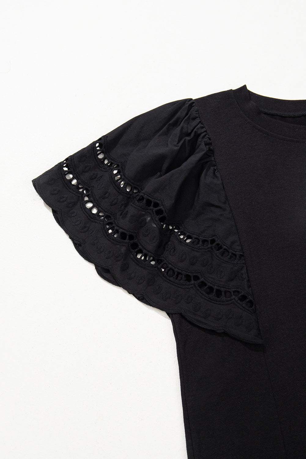 Black Hollow Out Embroidered Short Sleeve O Neck Top