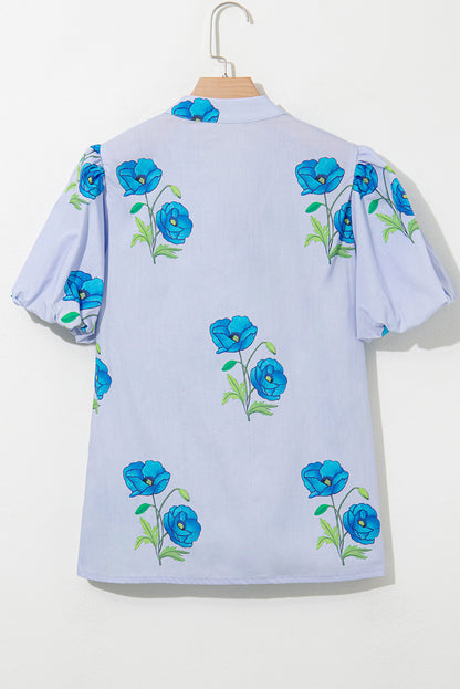 Sky Blue Floral Print Tie Split Neck Short Puff Sleeve Blouse