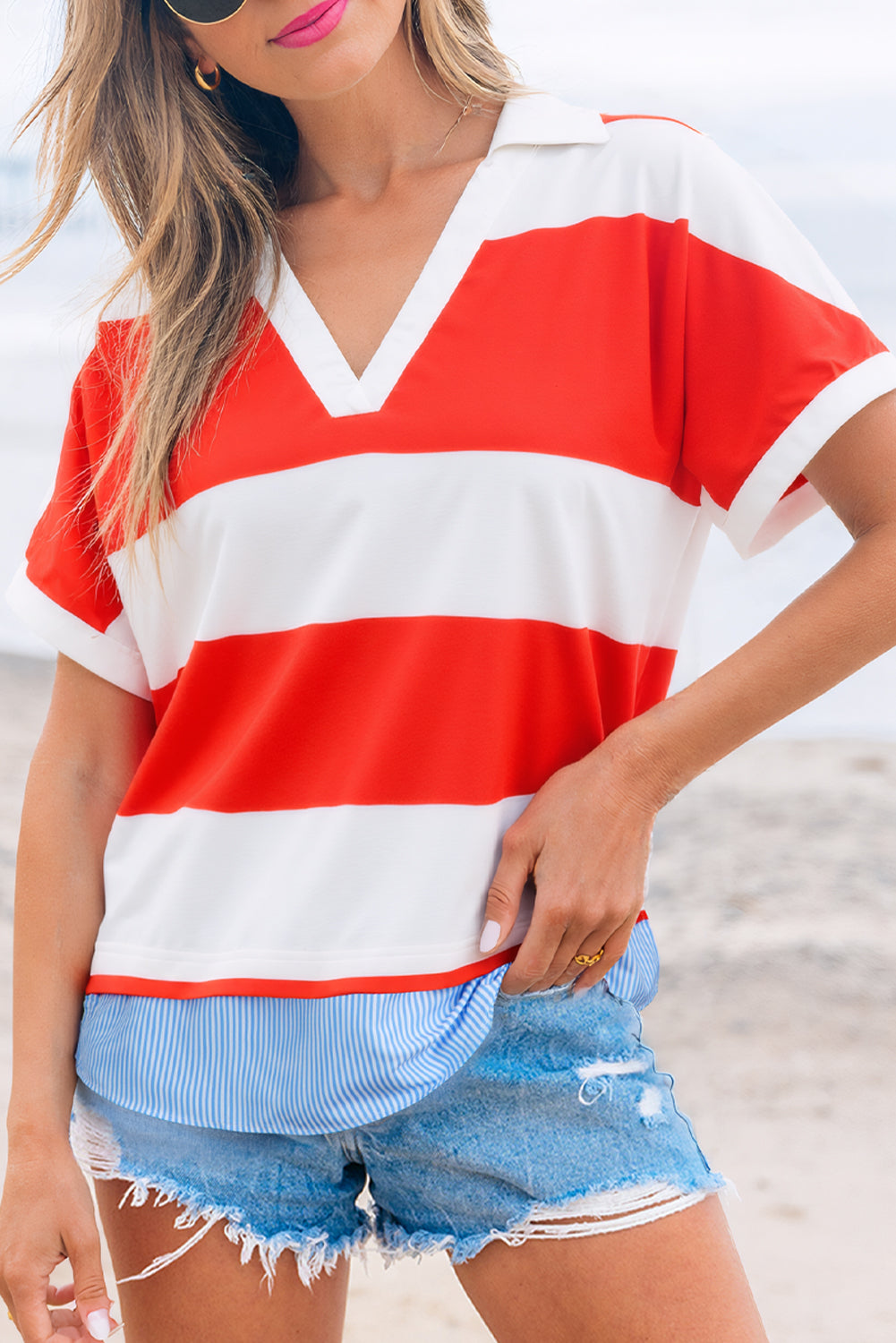Red Stripe Collar V Neck Cuffed Dolman Short Sleeve Top