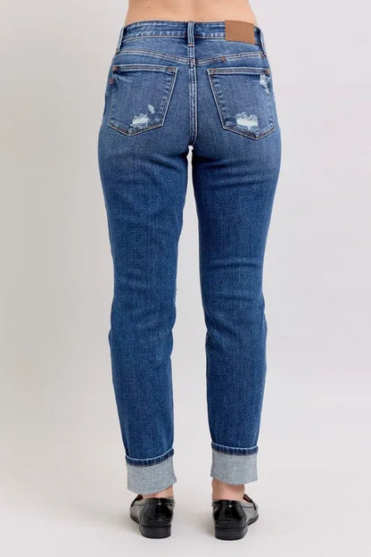 Judy Blue Full Size Mid Rise Boyfriend destroy Jeans with Yoke Pockets and Faux Selvedge Cuff Plus Size Carauana Store
