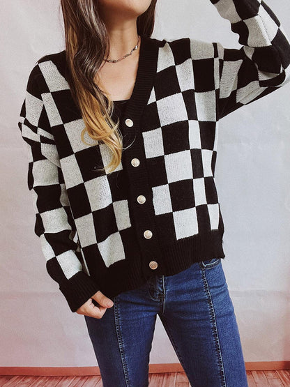 Checkered Open Front Button Up Cardigan Carauana Store
