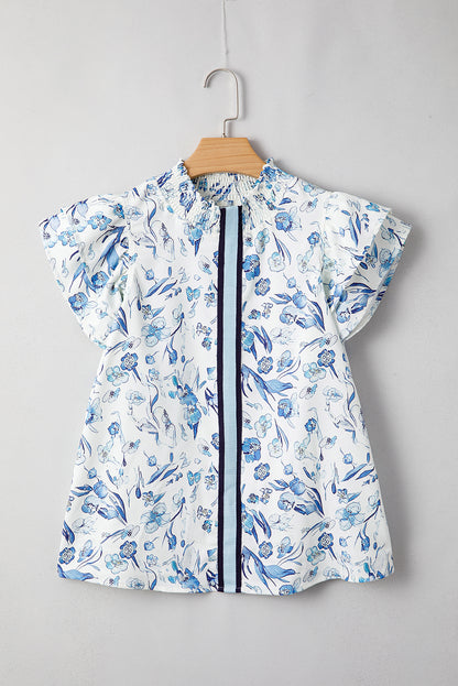 Sky Blue Floral Print Ruffled Short Sleeve Blouse