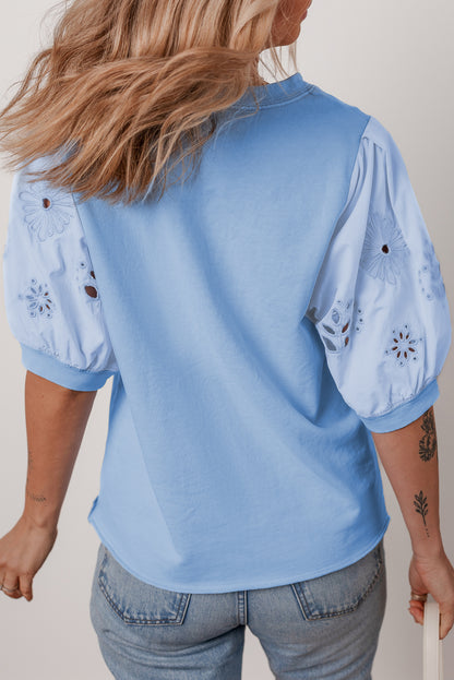 Beau Blue Eyelet Flower Embroidered Puff Short Sleeve Patchwork Crew Neck Blouse