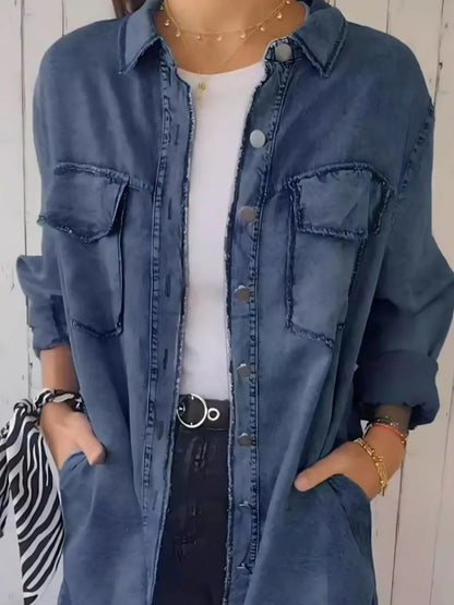 Full Size Raw Hem Button Up Long Sleeve Denim Top Plus Size Carauana Store