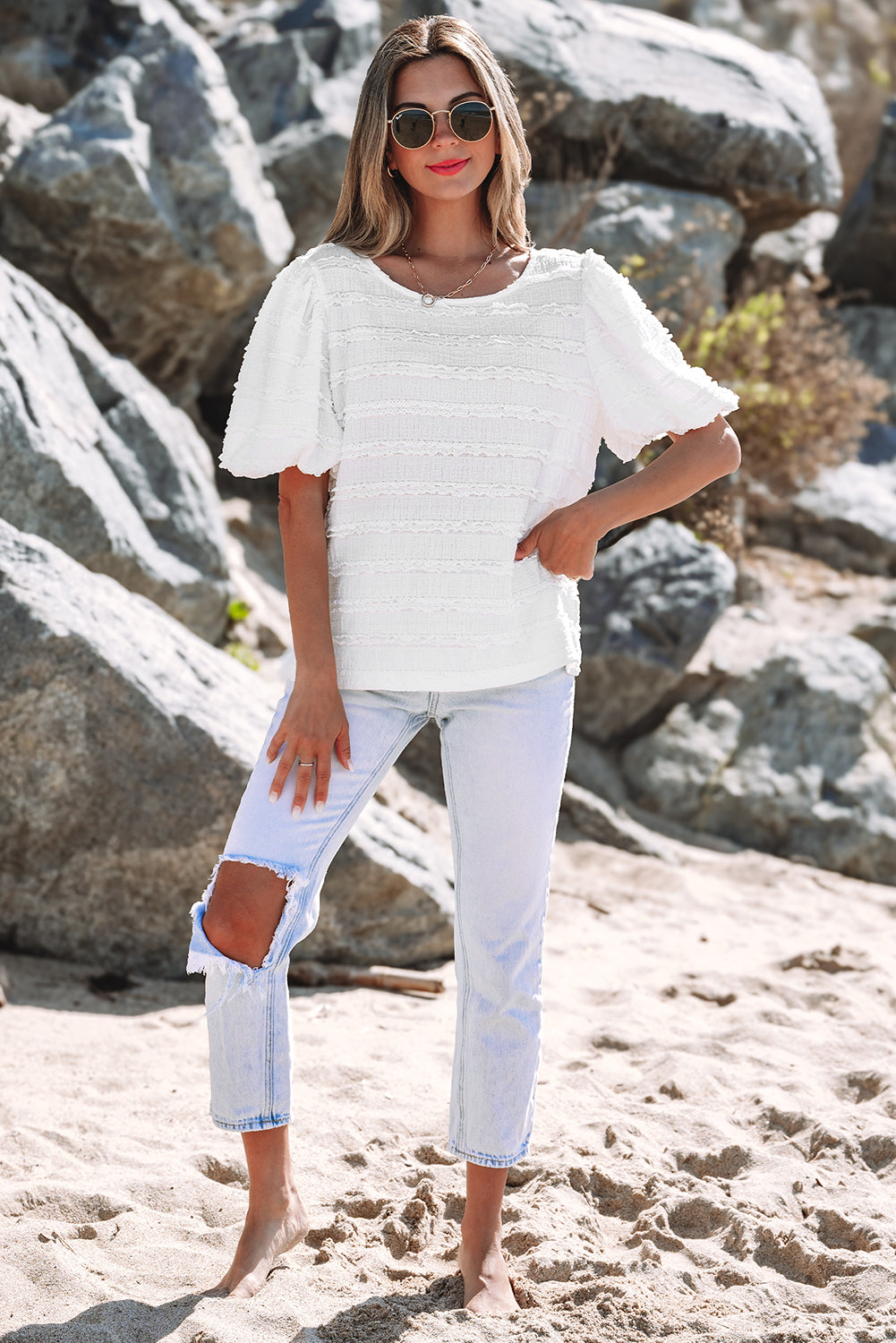 White Frilled Lace Trim Bubble Sleeve Blouse