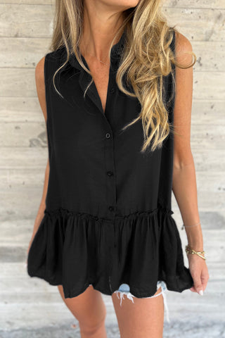 Black Sleeveless Buttoned Front Ruffle Hem Tunic Shirt