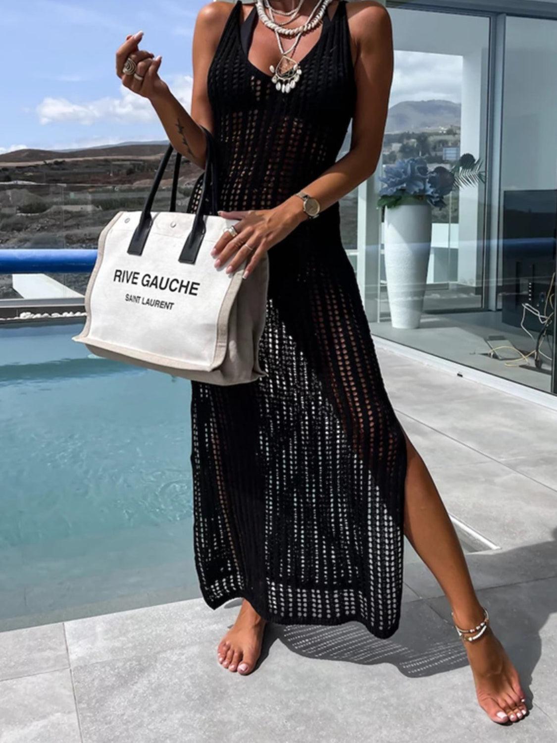 Openwork Slit Cutout Wide Strap Dress Carauana Store