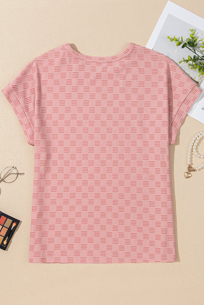 Apricot Pink Checkered Textured Round Neck T-shirt