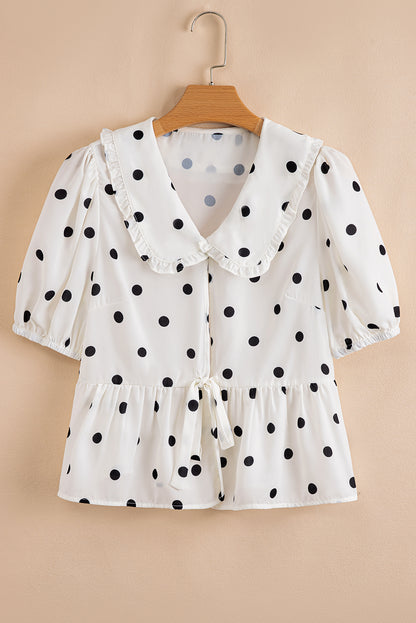 White Polka Dot Collared Lace up Font Puff Sleeve Peplum Top