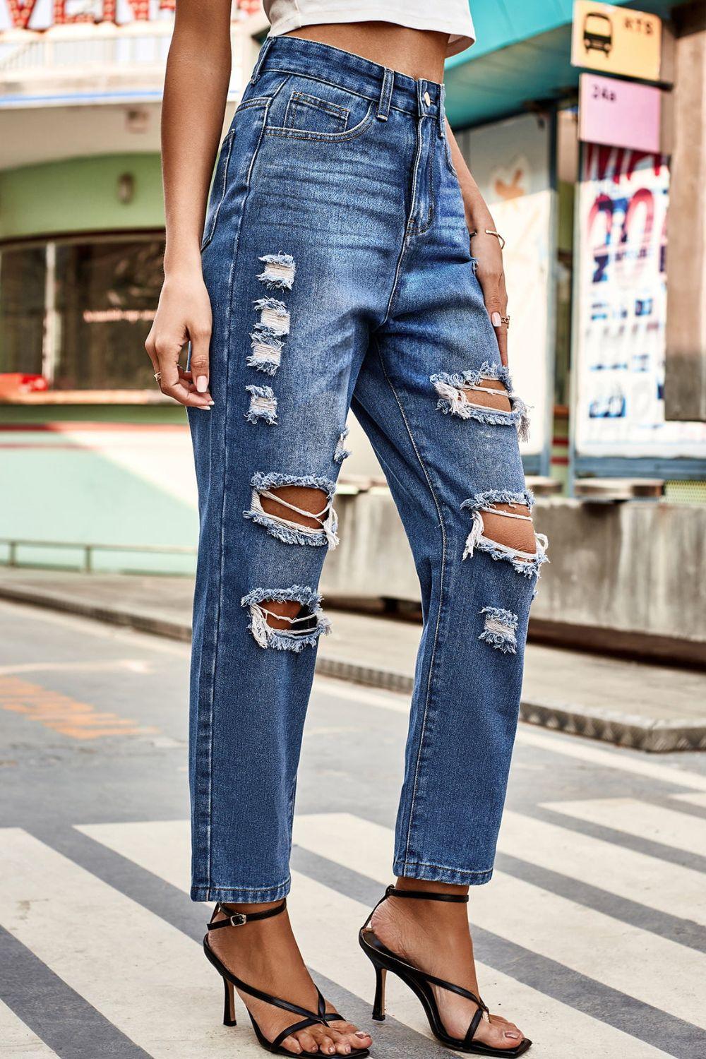 Distressed High Waist Straight Jeans Carauana Store