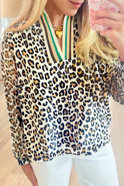 Khaki Leopard Print Contrast Striped V Neck Blouse