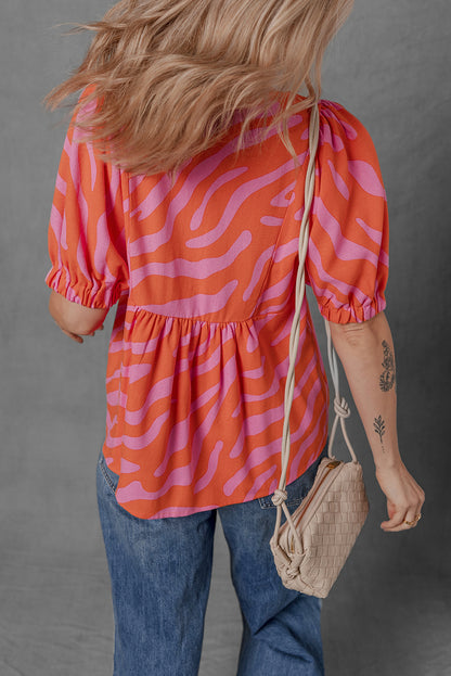 Orange Zebra Stripe Print Ruched Cuff Half Sleeve V Neck Blouse