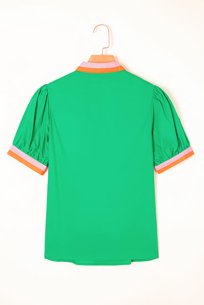 Bright Green Contrast Striped V Neck Collision Short Puff Sleeve Blouse