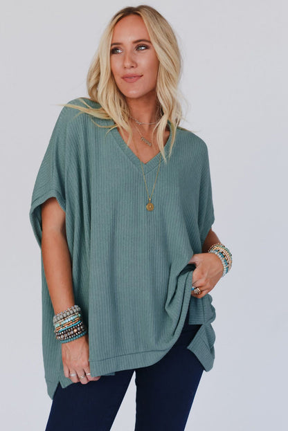 Moonlight Jade Oversized Ribbed Knit V Neck Dolman Short Sleeve Top