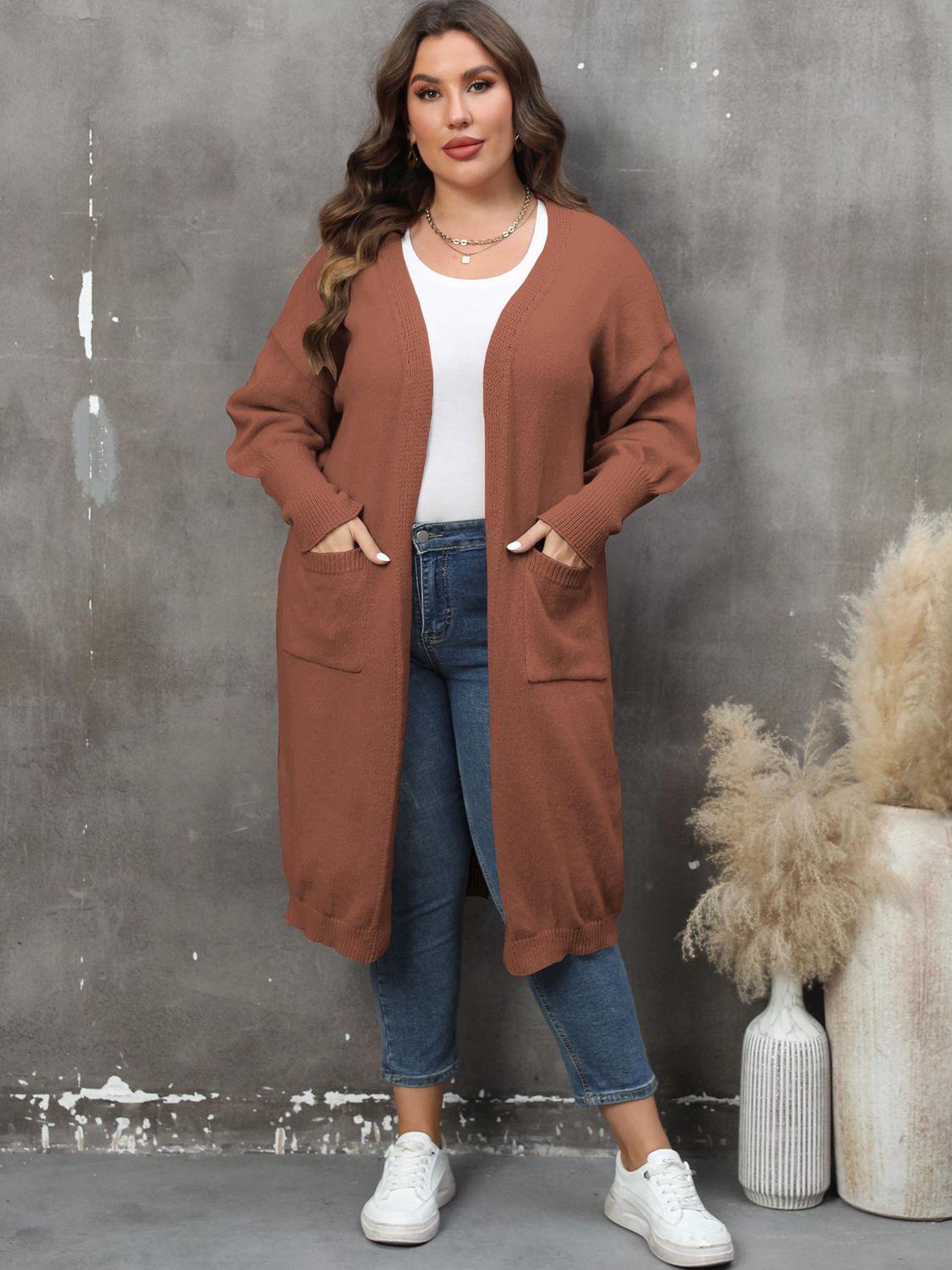 Plus Size Long Sleeve Pocketed Cardigan Carauana Store