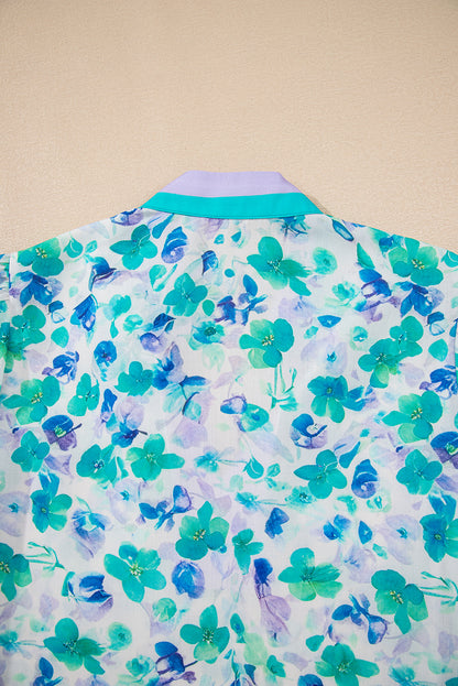 Green Floral Print Striped Trim Split V Neck Puff Short Sleeve Blouse