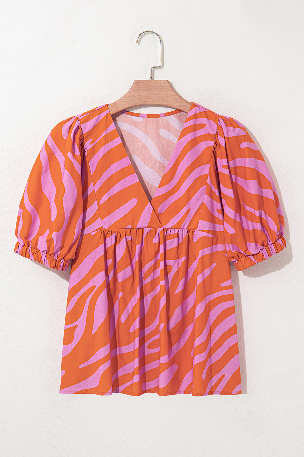 Orange Zebra Stripe Print Ruched Cuff Half Sleeve V Neck Blouse