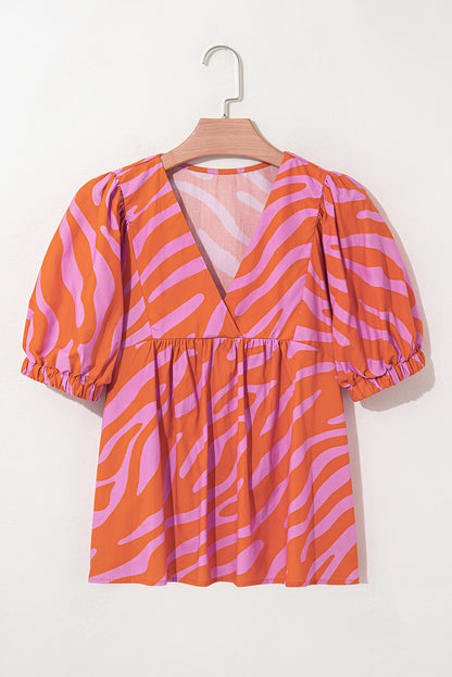 Orange Zebra Stripe Print Ruched Cuff Half Sleeve V Neck Blouse