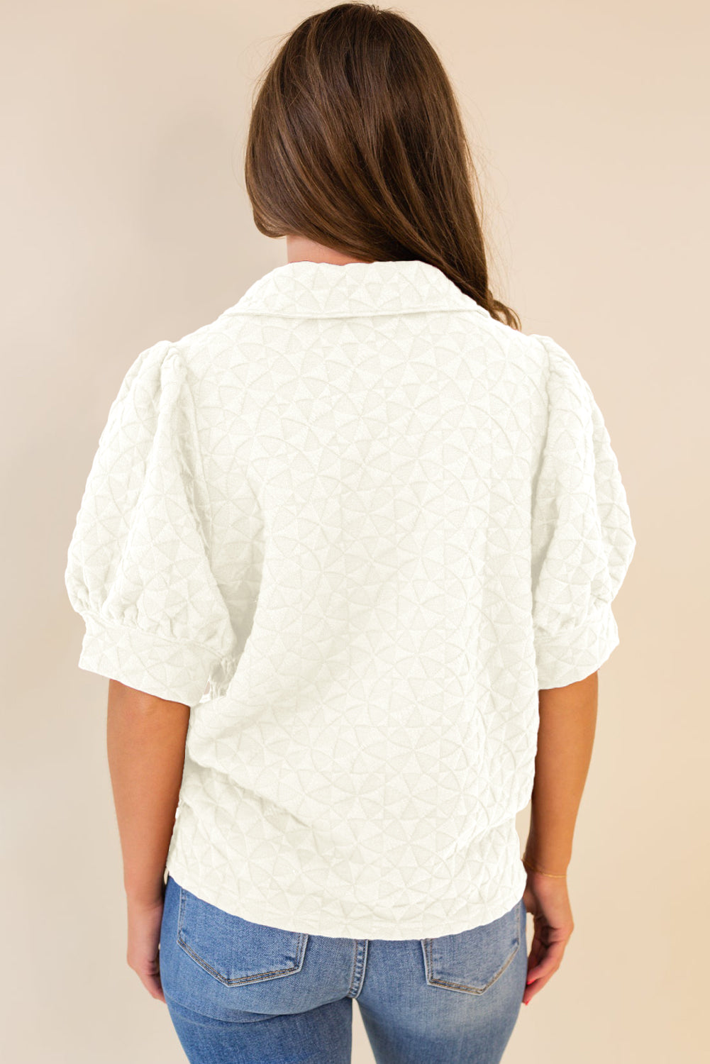 White Textured Puff Half Sleeve Collared V Neck Top