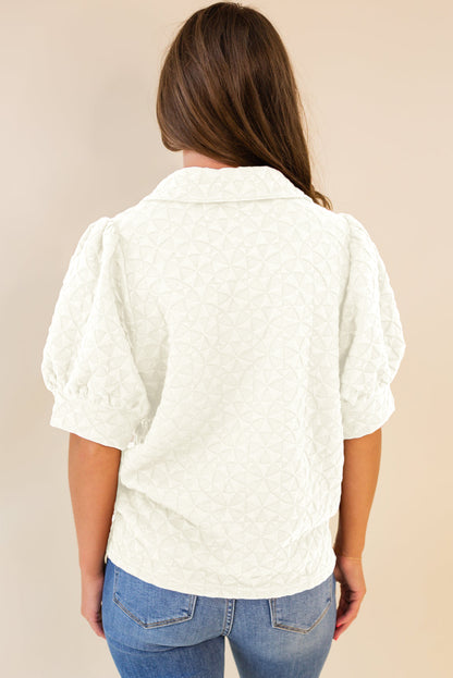White Textured Puff Half Sleeve Collared V Neck Top
