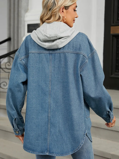 Removable Hood Button Up Long Sleeve Denim Jacket Carauana Store