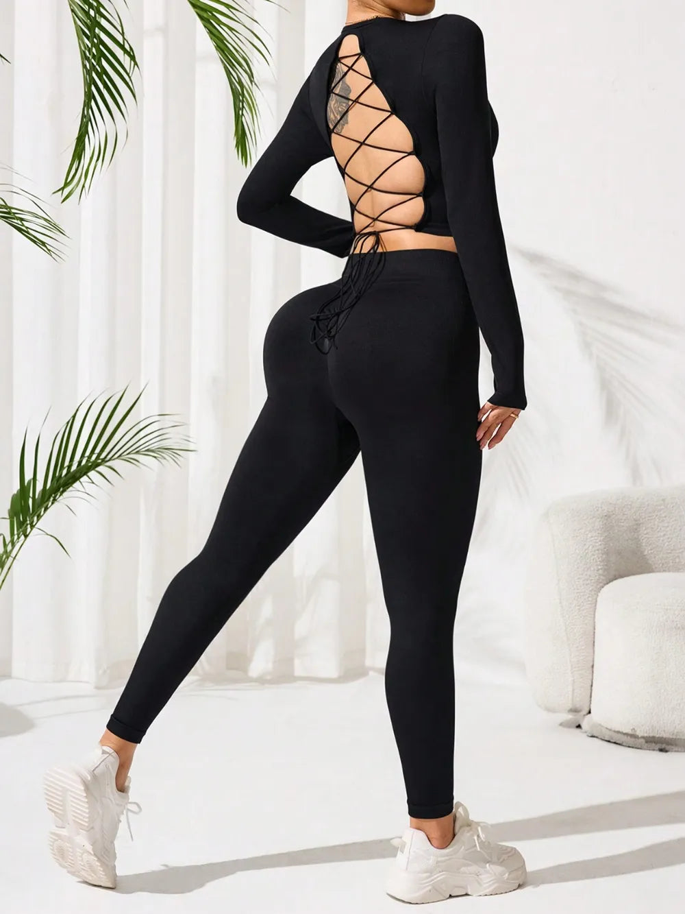 Lace-Up Back Round Neck Top and Leggings Active Set Carauana Store