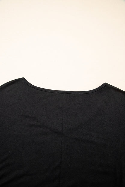 Black Solid Colour V-Neck Double Layer Sleeve Loose T-Shirt