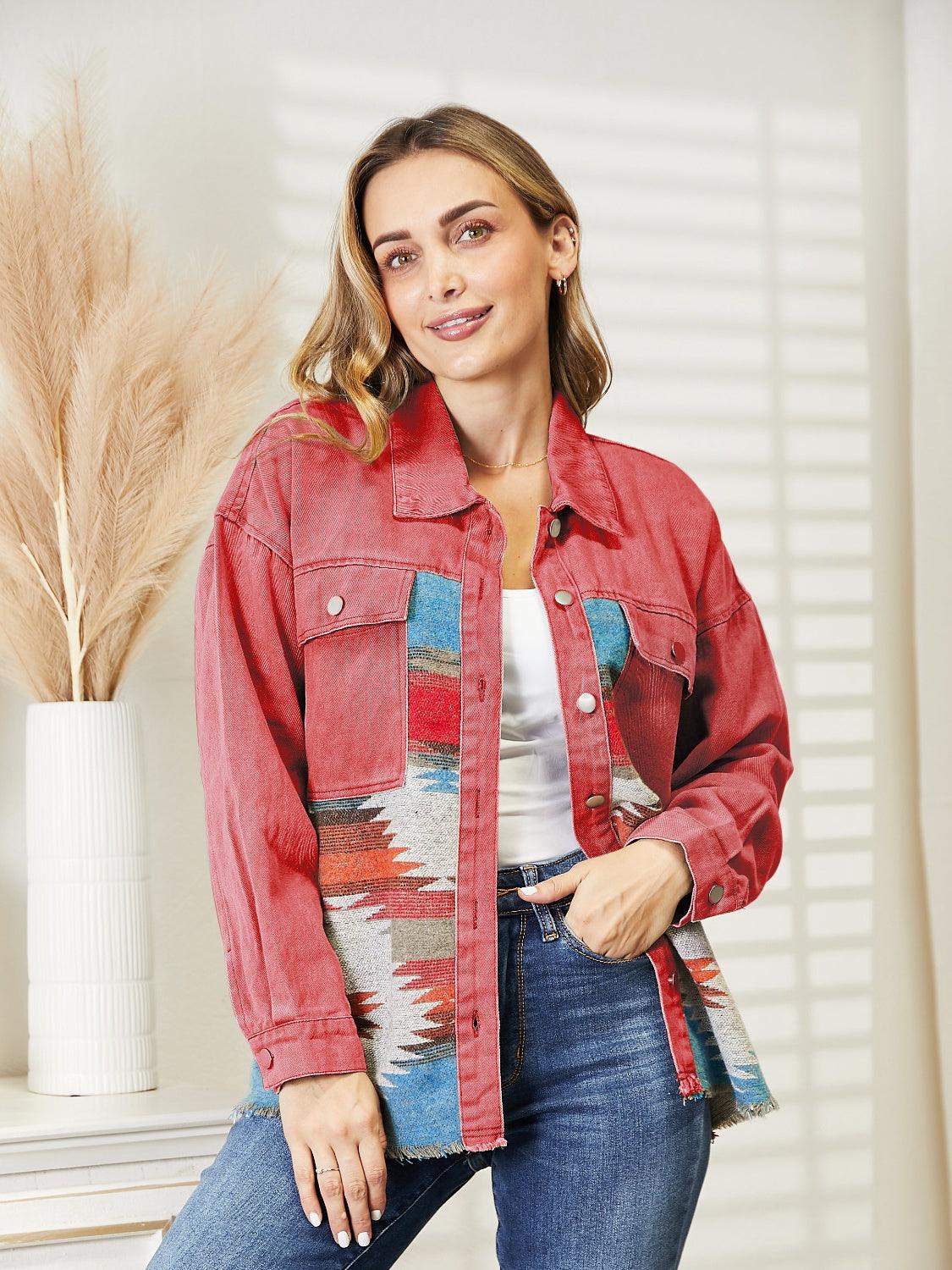 Dropped Shoulder Long Sleeve Printed Denim Jacket Carauana Store