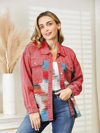 Dropped Shoulder Long Sleeve Printed Denim Jacket Carauana Store