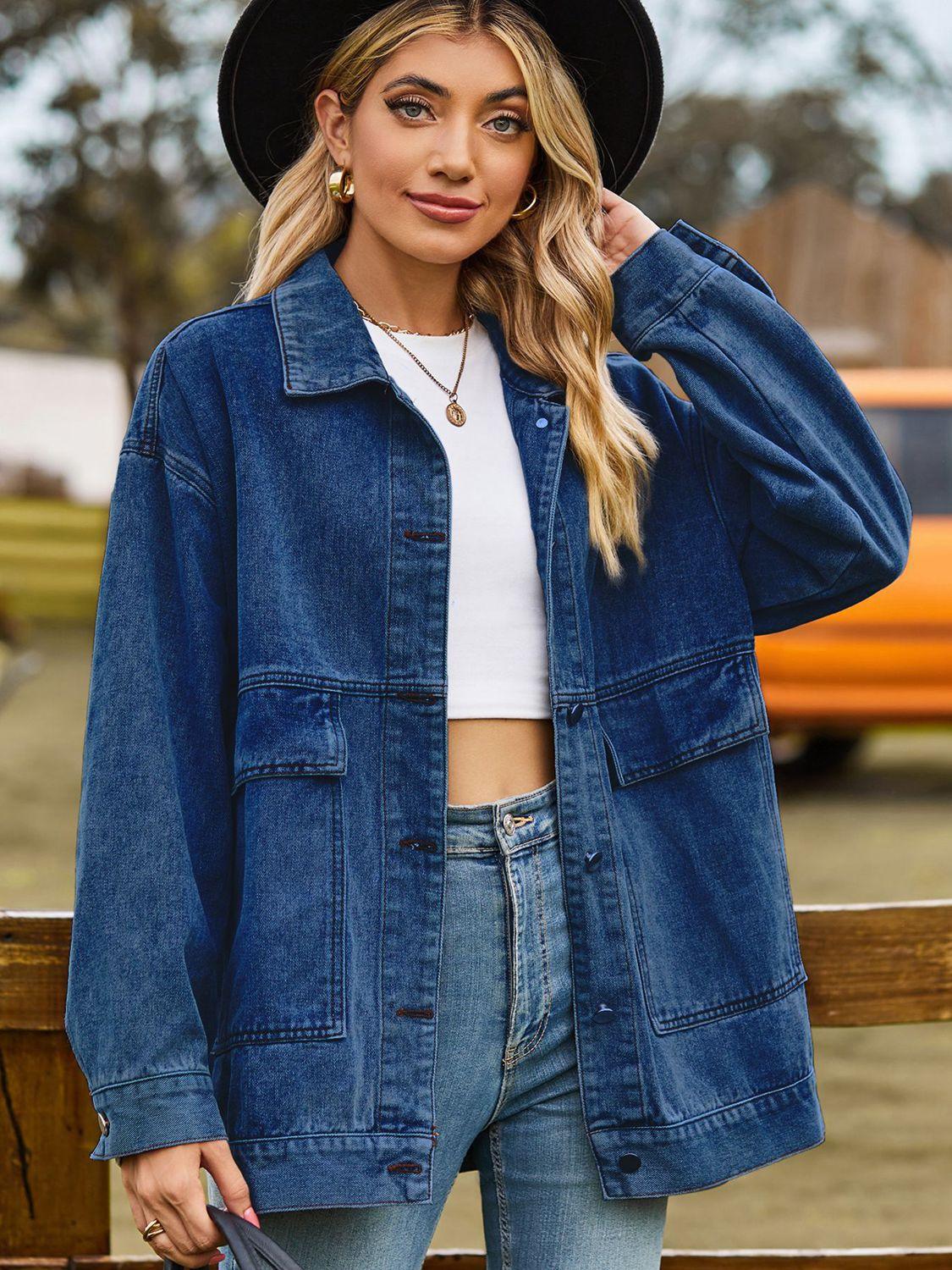Dropped Shoulder Denim Jacket with Pockets Carauana Store
