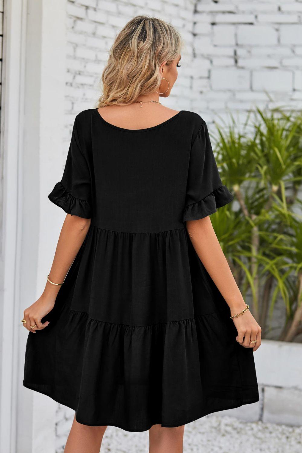 V-Neck Flounce Sleeve Tiered Dress Carauana Store