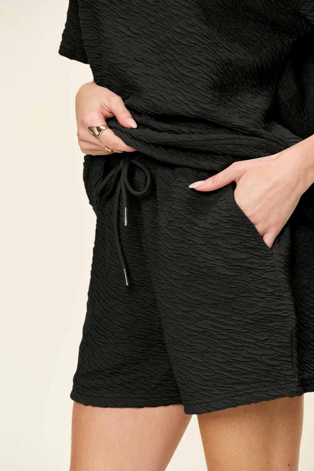 Double Take Full Size Texture Short Sleeve T-Shirt and Drawstring Shorts Set Carauana Store