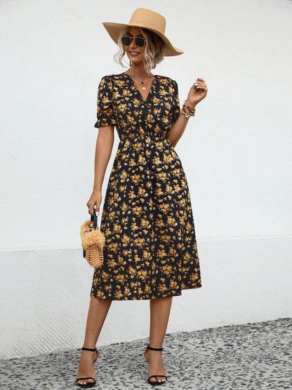 Slit Printed V-Neck Short Sleeve Dress Carauana Store