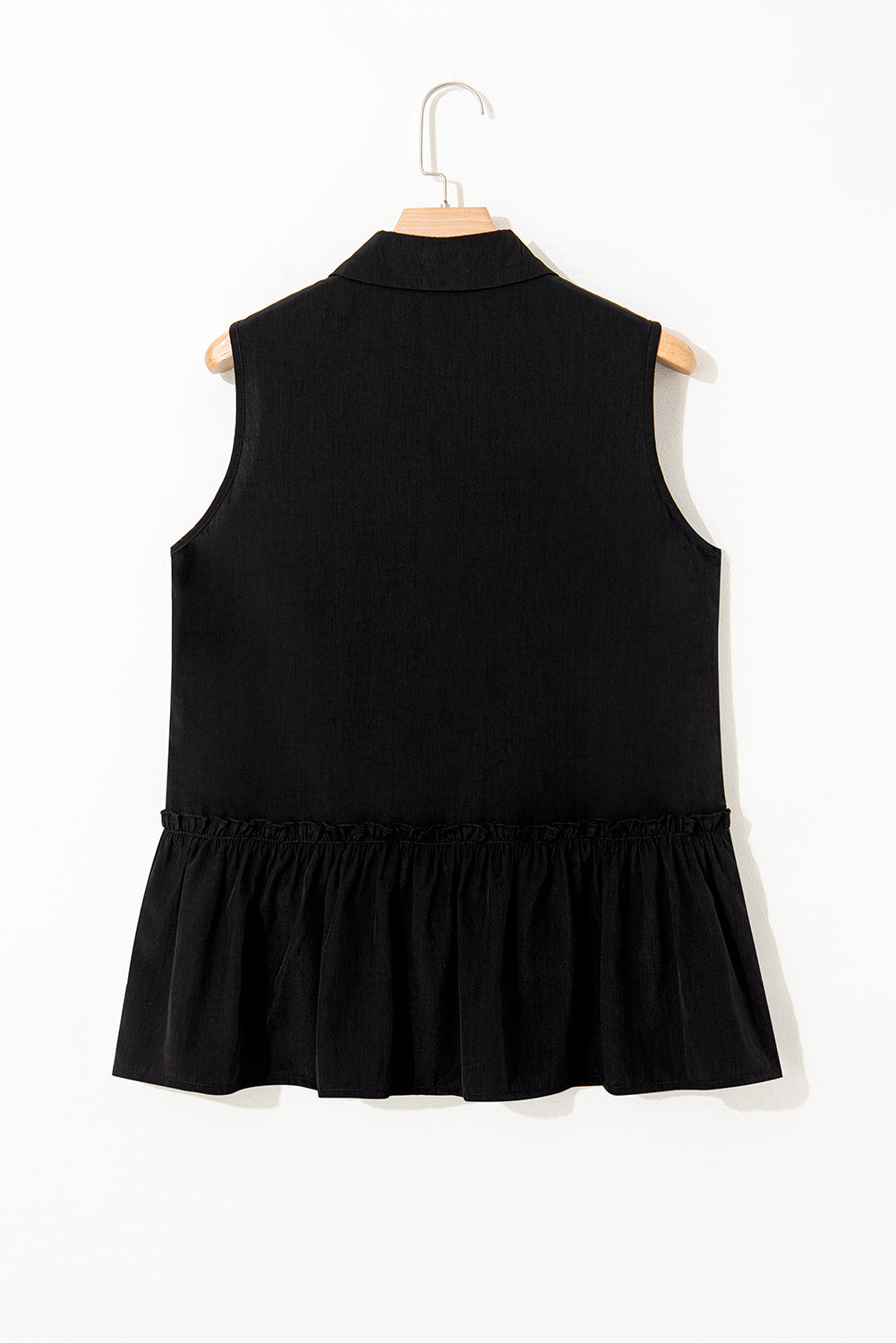 Black Sleeveless Buttoned Front Ruffle Hem Tunic Shirt