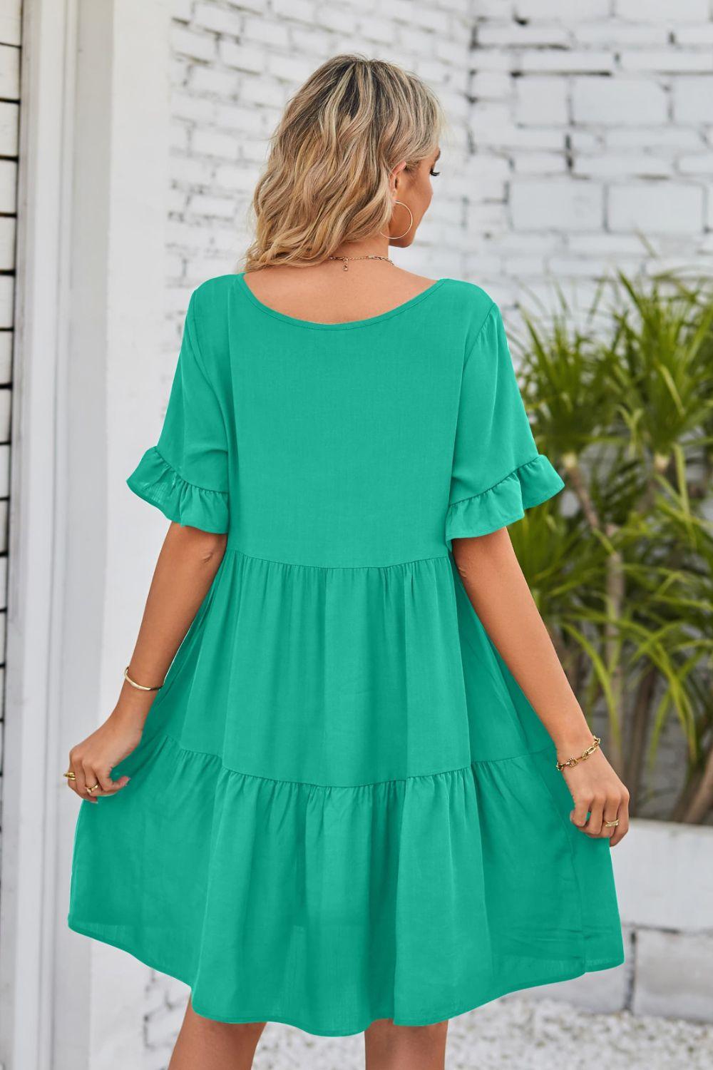V-Neck Flounce Sleeve Tiered Dress Carauana Store
