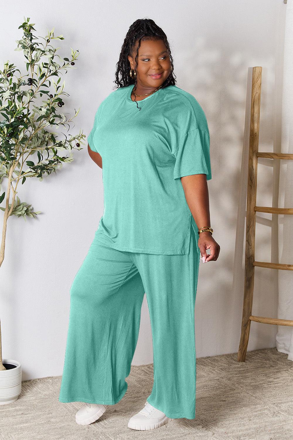 Double Take Full Size Round Neck Slit Top and Pants Set Carauana Store
