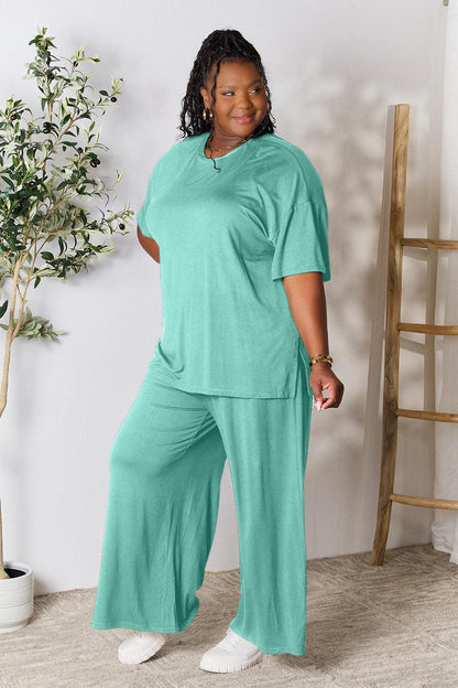 Double Take Full Size Round Neck Slit Top and Pants Set Carauana Store