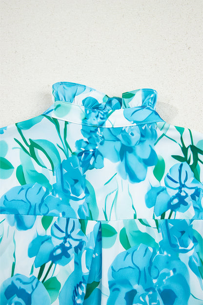 Green Floral Frilled Collar Three Quarters Sleeve Elegant Shirt