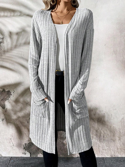 Ribbed Open Front Long Sleeve Cardigan with Pockets Carauana Store