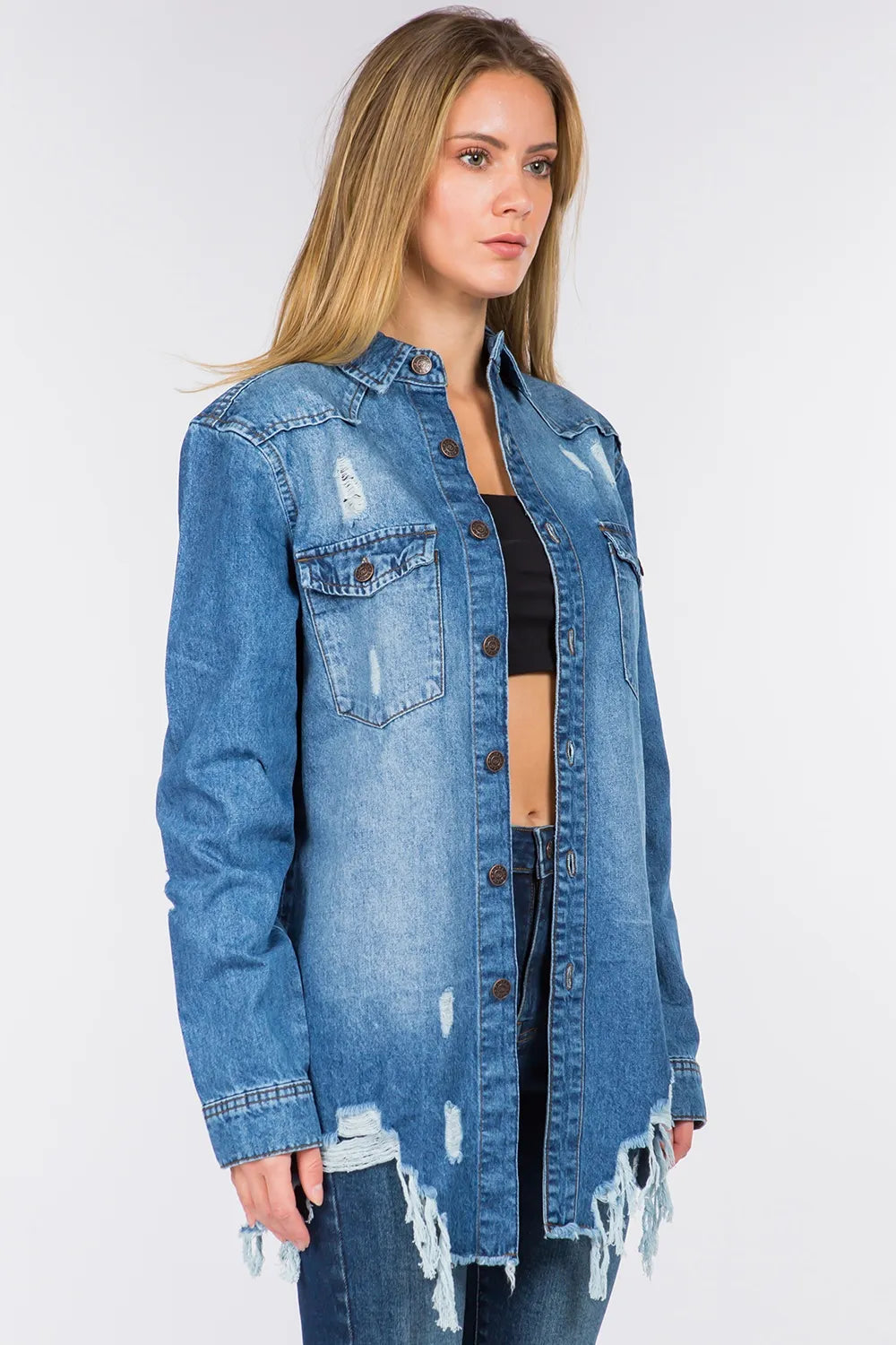 American Bazi Distressed Frayed Hem Denim Jacket Carauana Store